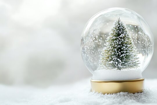A glass snow globe containing a small festive tree and drifting snowflakes.