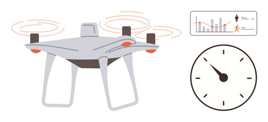quadcopter hovering mid-air beside a monitoring chart and clock reflecting performance and analytics. Ideal for technology, automation, innovation, productivity, efficiency, data analysis, time
