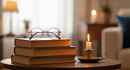 Stack of books with reading glasses resting on top, accompanied by a lit candle on a wooden table, creating a cozy and inviting atmosphere for relaxation and contemplation