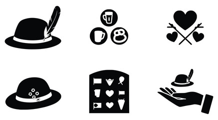 German Festival Icons: A set of charming, monochromatic icons embodies the spirit of a vibrant celebration. A hat, beer mug, heart and badge design capture the essence of tradition and cheer.