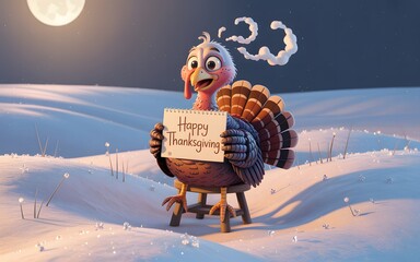 Cute cartoon turkey holding a happy thanksgiving sign in a snowy winter landscape under a full moon
