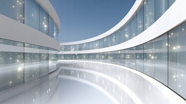 A futuristic, minimalist architectural space featuring curved white walls and large glass windows reflecting a bright, starry sky. - Powered by Adobe