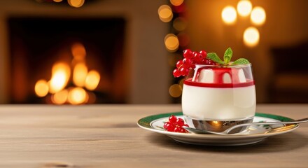 Delicious dessert in a glass with red berries topping, placed on a plate, set against a cozy fireplace ambiance, creating a warm and inviting holiday atmosphere