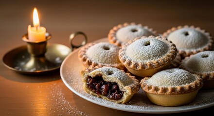 Delicious baked pastries with sweet filling, dusted with powdered sugar, arranged on a plate beside a glowing candle, creating a warm and inviting atmosphere for festive gatherings
