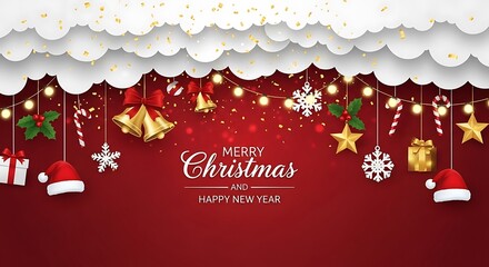 Festive Christmas Hanging Decorations on Red Holiday Background