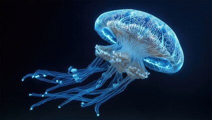 Bioluminescent jellyfish floats in inky dark ocean depths