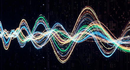 Vibrant digital sound waves pulse with energy against a dark circuit board background, representing data flow and technological innovation.