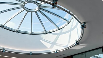 Closeup medium shot of a dome skylight being secured on a modern office ceiling showcasing smooth installation techniques that brighten interiors with daylight.