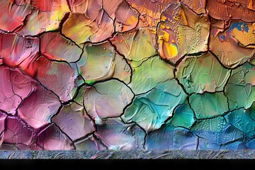 Vibrant cracked earth texture with rich rainbow colors, abstract art.