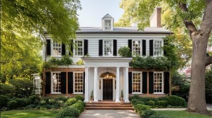 A traditional Colonial house with a tall dark wooden door framed by white columns The wide windows are