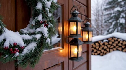 Cozy lantern glow on snowy winter door with festive garland in forest setting - Powered by Adobe
