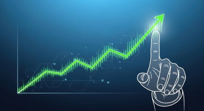 Digital hand touching rising green growth arrow symbolizing business gain