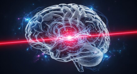 Digital brain with red laser line showing neural energy and futuristic scan