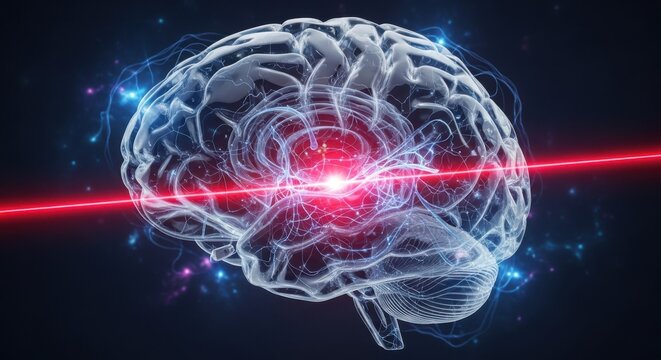 Digital brain with red laser line showing neural energy and futuristic scan