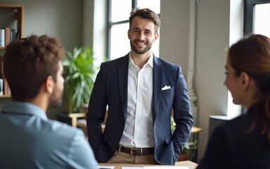 Experienced business coach meeting with a group of people. Young male business trainer or psychologist standing in a circle of men and women, talking about teamwork and giving professional advice