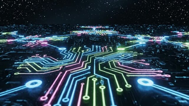 Abstract digital circuitry animation with data flow and light trails - Powered by Adobe