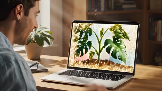 Man Viewing Growing Plants Displayed on Laptop Screen at His Desk