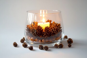 A luminous Christmas candle set inside a glass holder with decorative greens.