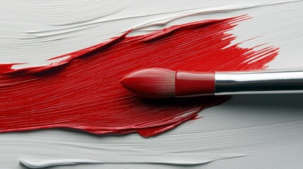 A paintbrush is shown close-up, applying a bold stroke of red paint over a textured white surface. The lighting is bright and focused, highlighting the paint te