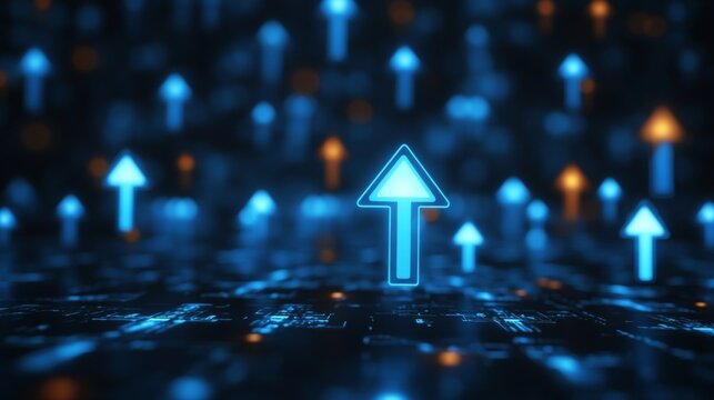 Futuristic digital network interface with ascending signals on an abstract data stream design.