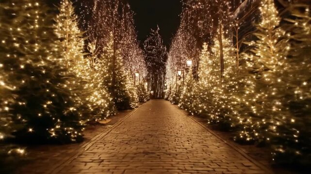 Moonlit avenue of Christmas trees, warm golden lights guiding a distant glittering path under night