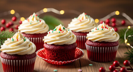 Delicious red velvet cupcakes with festive sprinkles, presented on a rustic wooden table for a special treat.