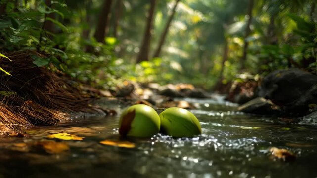 Two green coconuts resting in a tranquil stream surrounded by lush vegetation in a tropical forest