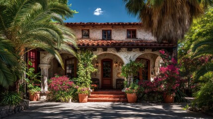 Fototapeta premium A traditional Spanish-style home with a red-tiled roof arched doorways and a spacious front porch The house is