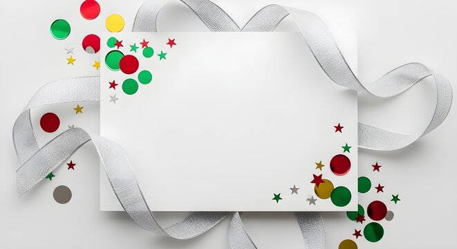 Blank white card with silver ribbon and colorful red, green, and gold confetti stars and circles, perfect for festive greetings or invitations, isolated on white background