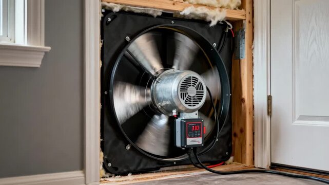 Closeup medium shot of a blower door fan installed in a doorway creating pressure to assess insulation performance in a residential structure.