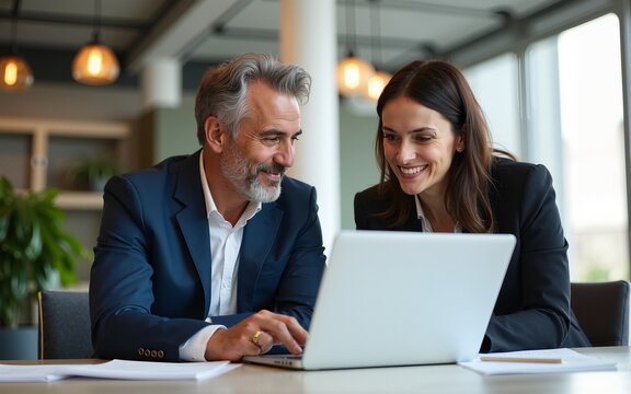 Mature mentor man and European leader woman discussing project on laptop in office. Two diverse partners, colleagues, team of confident professional business people work together. Banner, copy space - Powered by Adobe