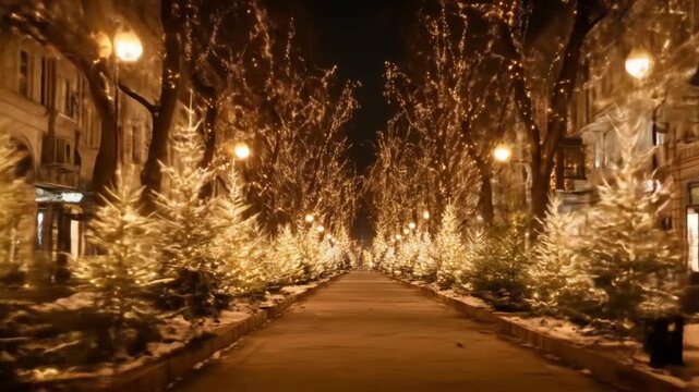 Night avenue flanked by glowing evergreens, warm lanterns, snow on ground, endless perspective. now