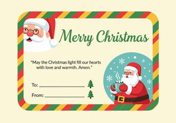 Festive Merry Christmas Greeting Card with Santa Claus Illustrations.