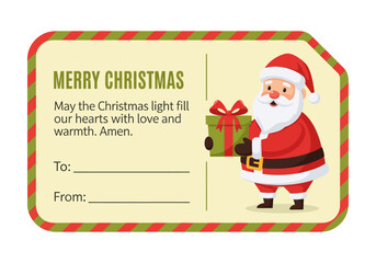 Merry Christmas gift tag with cartoon Santa Claus holding a present.