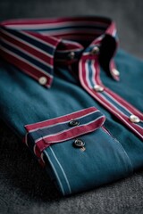 Folded teal shirt, striped collar/cuffs, button detail