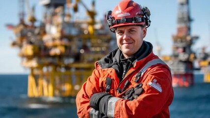 Offshore Worker: A skilled worker, donned in a high-visibility suit, stands confidently against the backdrop of an offshore platform, embodying dedication to industry.