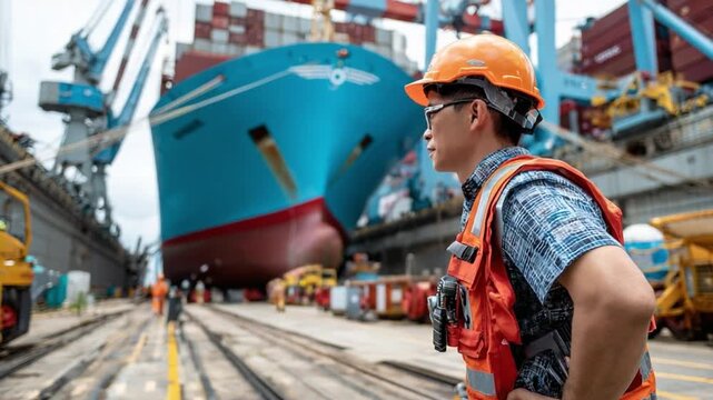 Guardian of the Gateway: A seasoned maritime professional meticulously surveys a colossal container ship in a bustling port, embodying the precision and dedication that propels global trade. 