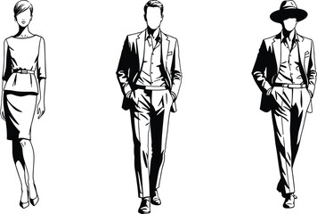 Black and white line art of a woman in a dress and two men in suits illustration