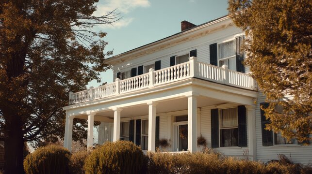 A two-story Colonial home with a beautiful white facade and a classic front porch The structure is symmetrical - Powered by Adobe