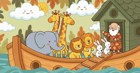 Obraz premium Nature-Themed Flat Vector The Ark floating among stylized flat waves and plants, animals drawn with simple nature-inspired patterns, earthy flat tones 