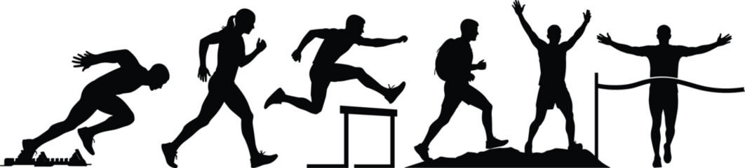 Black silhouette of athletes running jumping and celebrating at finish line track and field