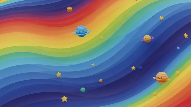 Bright 3D background of cute planets and stars floating on a vibrant rainbow wave. Abstract cosmic pattern for children's education, fantasy, and colorful digital design. High resolution.
