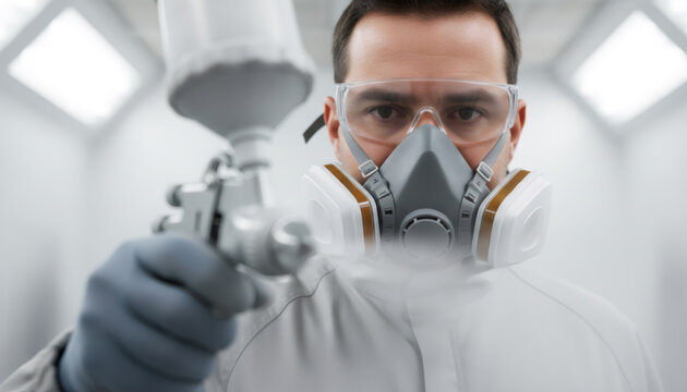 Man builder painter wearing protective mask and safety goggle holds a paint spray gun, applying coating or automotive painting in a workshop - Powered by Adobe