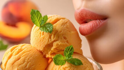 A close-up shot of refreshing peach ice cream scoops garnished with fresh mint with a woman's lips approaching to take a delicate bite.