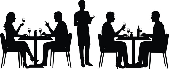 Black silhouettes of people dining at tables and a waiter in a restaurant vector