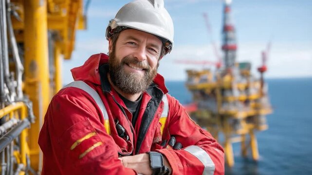 Offshore worker in Red: A smiling worker, clad in red overalls and a white helmet, poses confidently on an offshore platform against the backdrop of an ocean scene.