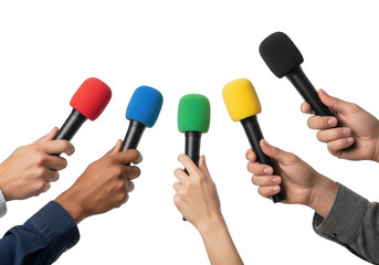 Press conference with many colorful microphones held by diverse hands seeking answers