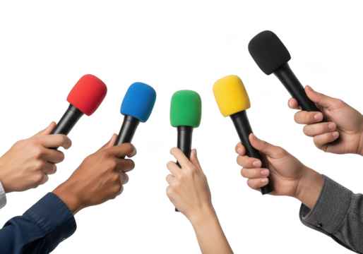 Press conference with many colorful microphones held by diverse hands seeking answers
