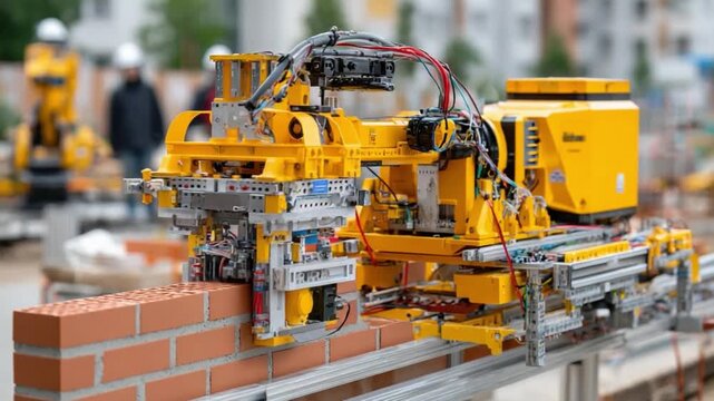 Automated bricklaying: A robotic bricklaying machine at work, demonstrating the future of construction technology, precision, and efficiency, constructing a wall with a brick by brick approach. 