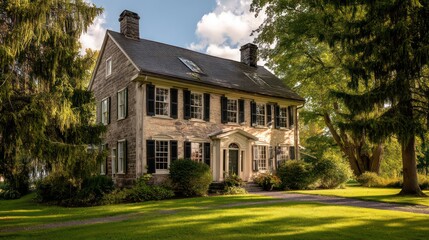 Fototapeta premium A two-story Colonial house with a steeply pitched roof and evenly spaced windows The home is framed by